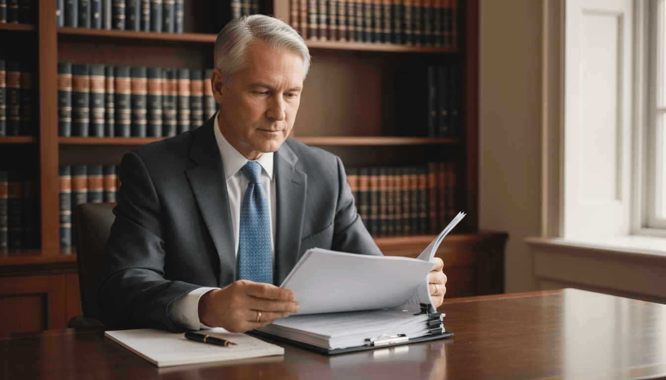 Attorney reviewing case documents at office desk in professional legal setting