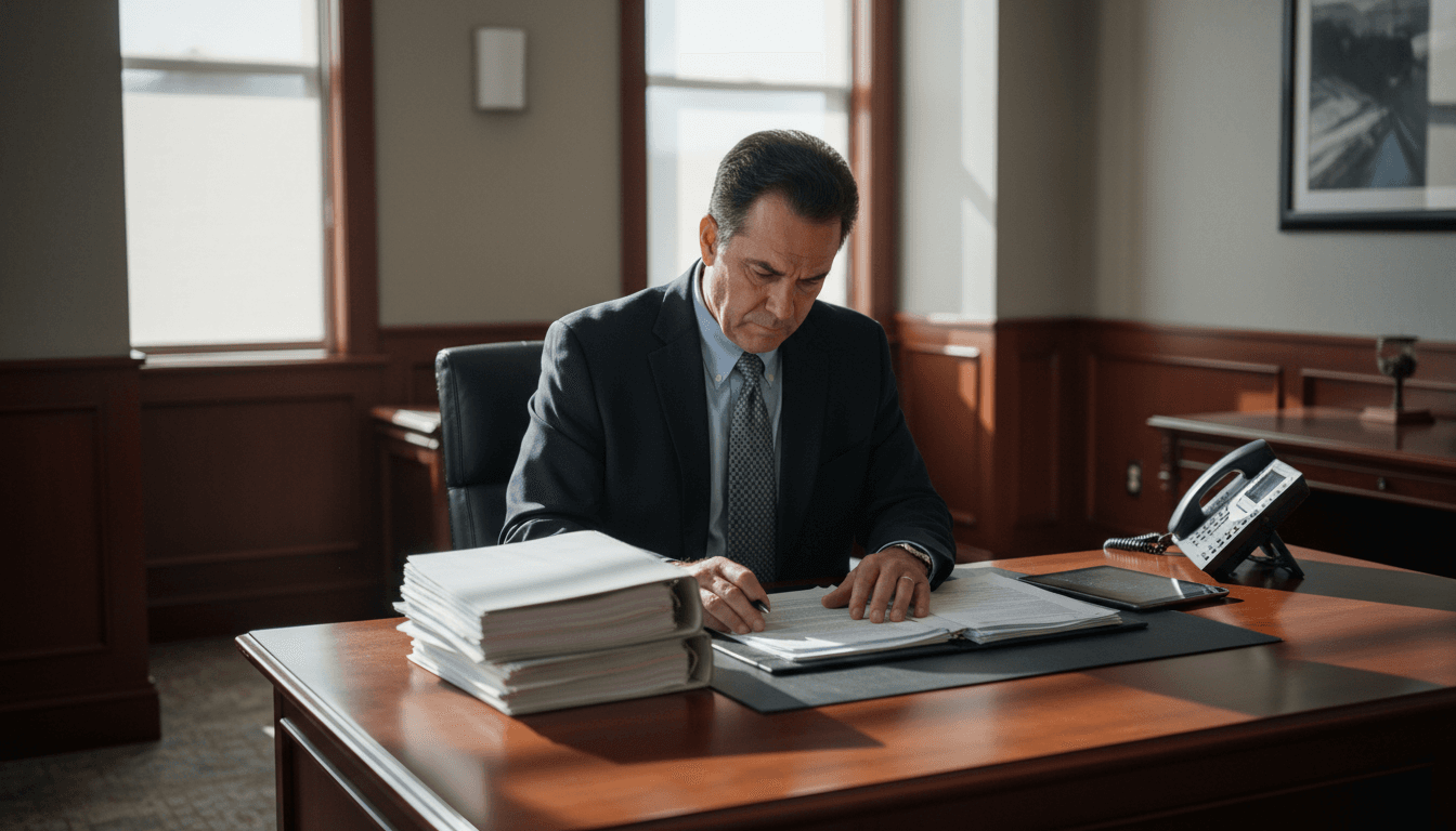 Experienced attorney reviewing case documents at desk in professional law office