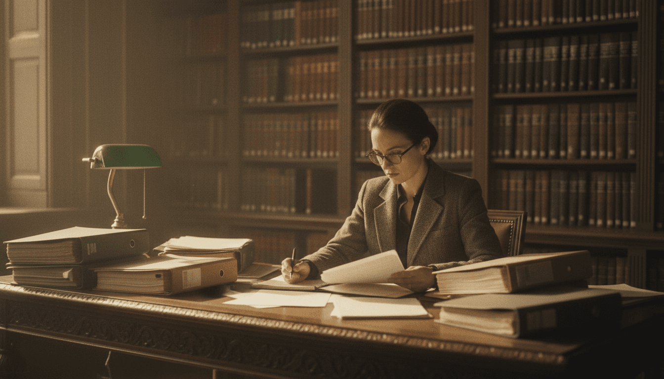 Attorney reviewing case research in law library