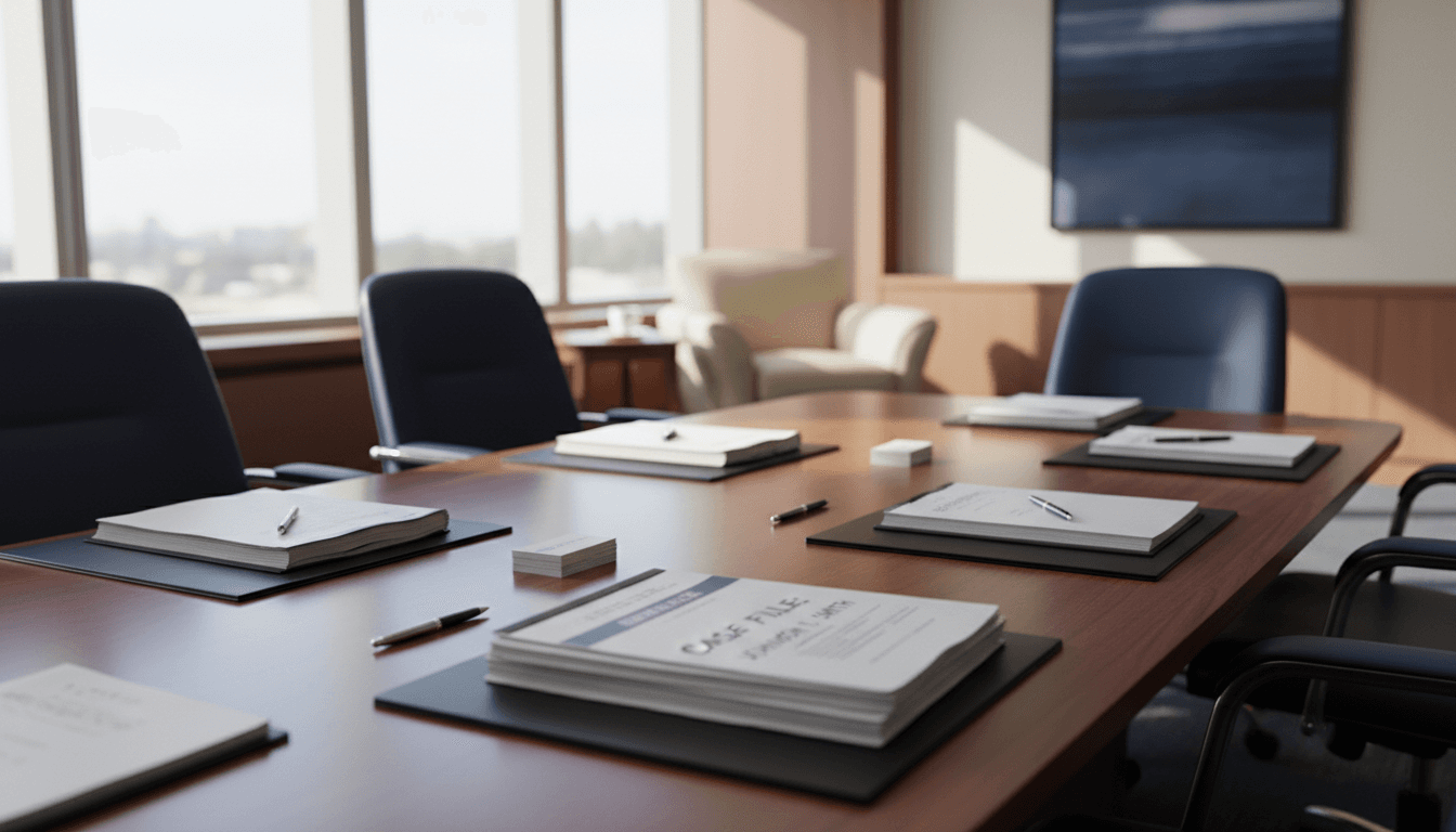 Law office conference table with documents and legal materials, natural window light