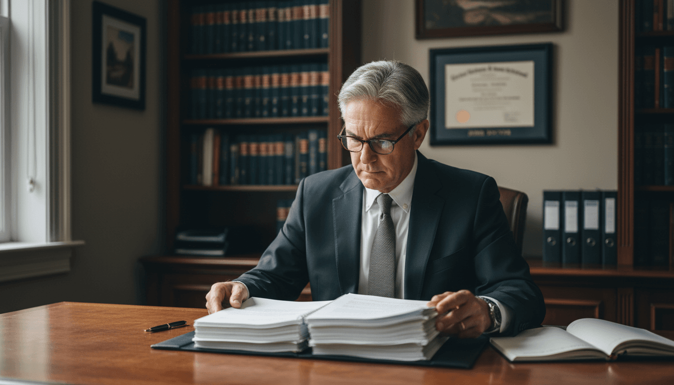 Experienced civil litigation attorney reviewing case documents at desk