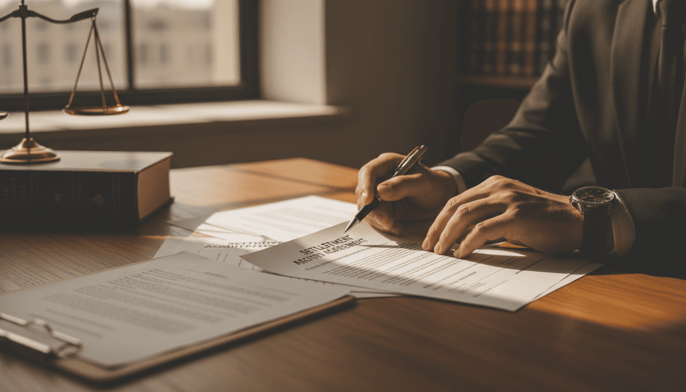 Attorney reviewing civil litigation case files at desk