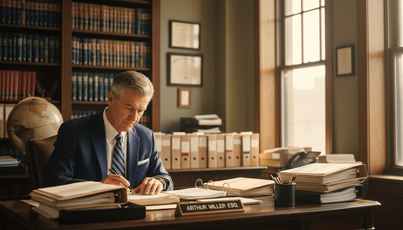 Attorney William T. Jaye reviewing case documents at his desk