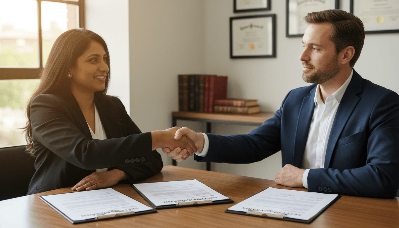Attorney and client shaking hands after successful case settlement