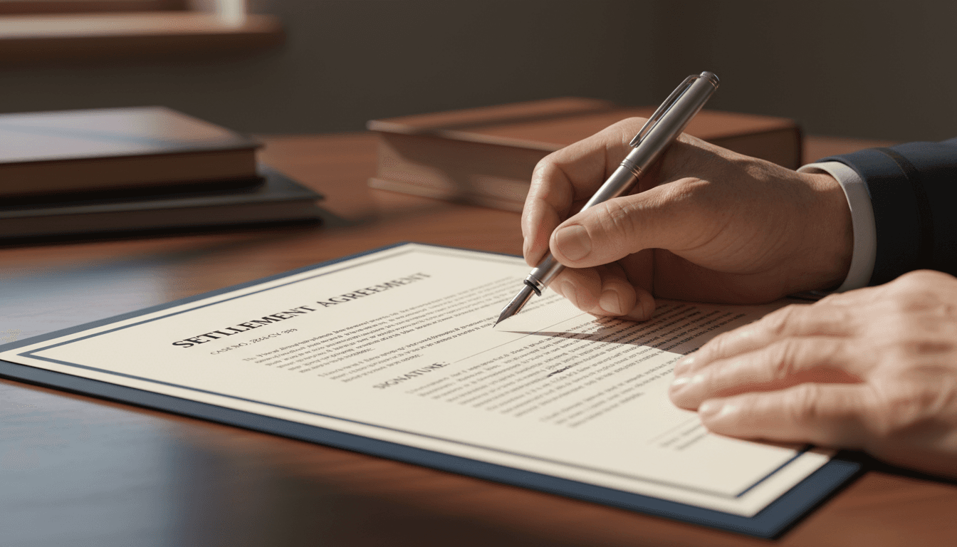 Client signing settlement agreement with attorney